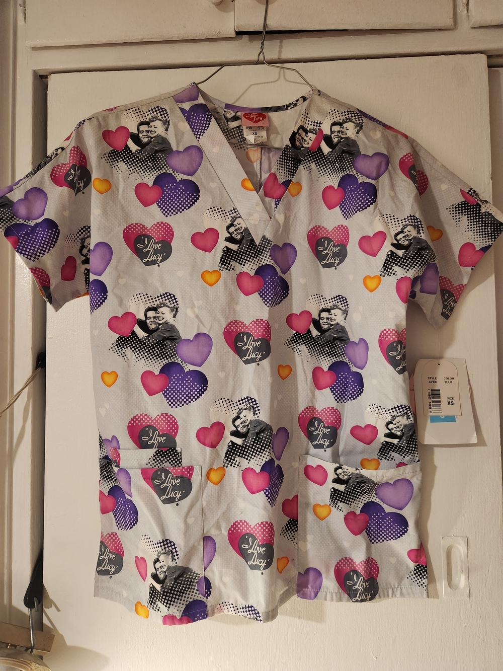 New Lucy V-Neck Scrub Top with Pink, Purple & Yellow Hearts Xsmall